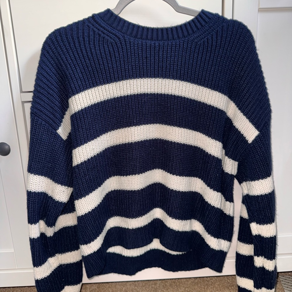Garage Women's Navy and White Striped Crewneck Sweater